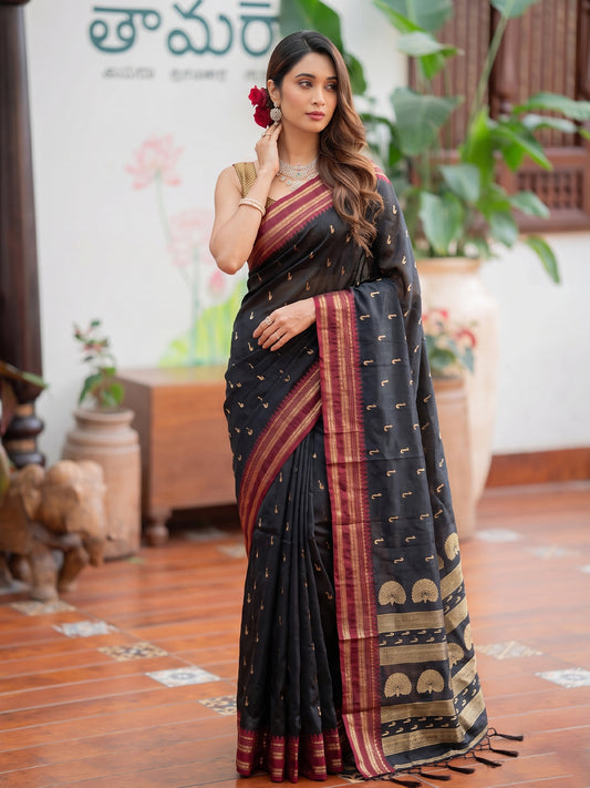 Black & Golden Soft Silk Ikat Saree | EZB SI04 SUMAH2001