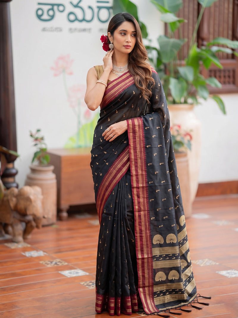 Black & Golden Soft Silk Ikat Saree | EZB SI04 SUMAH2001