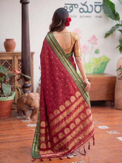 Maroon & Golden Soft Silk Ikat Saree | EZB SI04 SUMAH2002