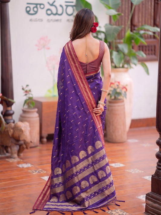 Purple & Golden Soft Silk Ikat Saree | EZB SI04 SUMAH2005