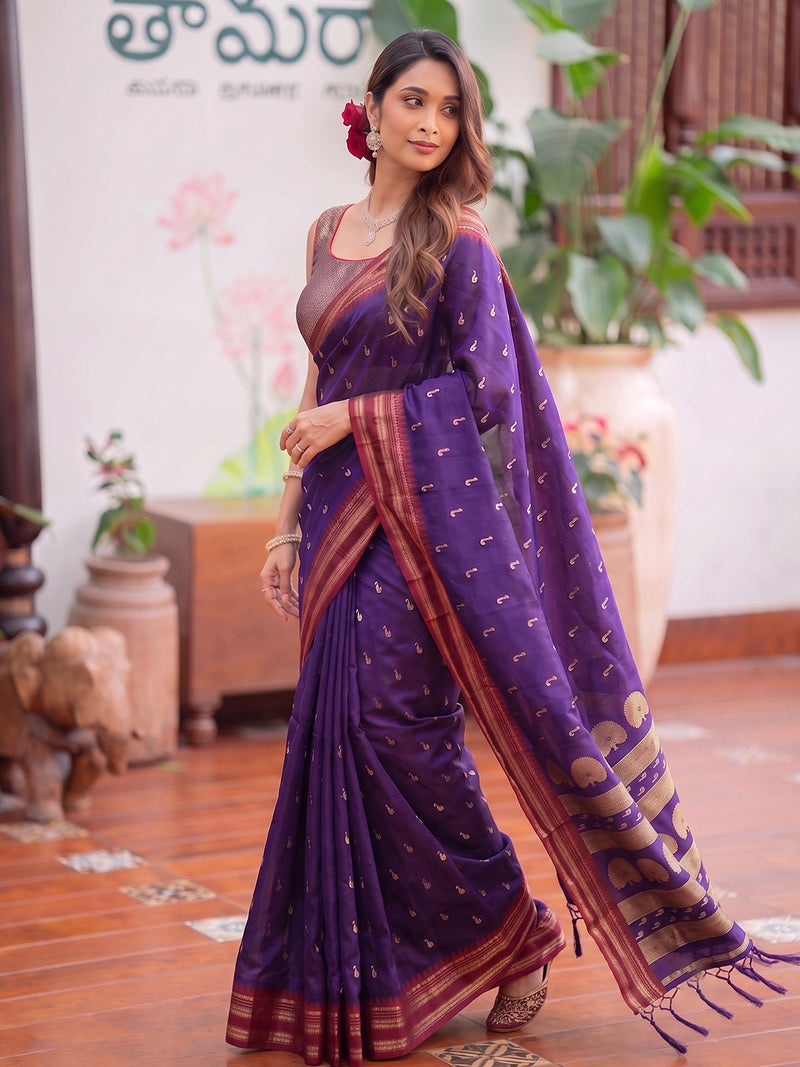 Purple & Golden Soft Silk Ikat Saree | EZB SI04 SUMAH2005