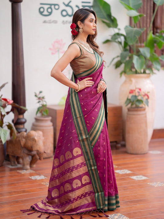 Dark Pink & Golden Soft Silk Ikat Saree | EZB SI04 SUMAH2007