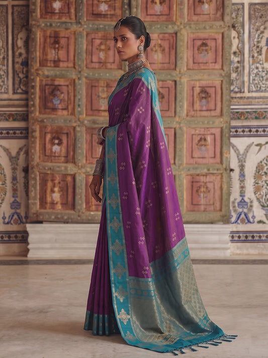 VIOLET & RAMA GREEN Soft Silk Banarasi Saree | EZB SI04 SUMER2001