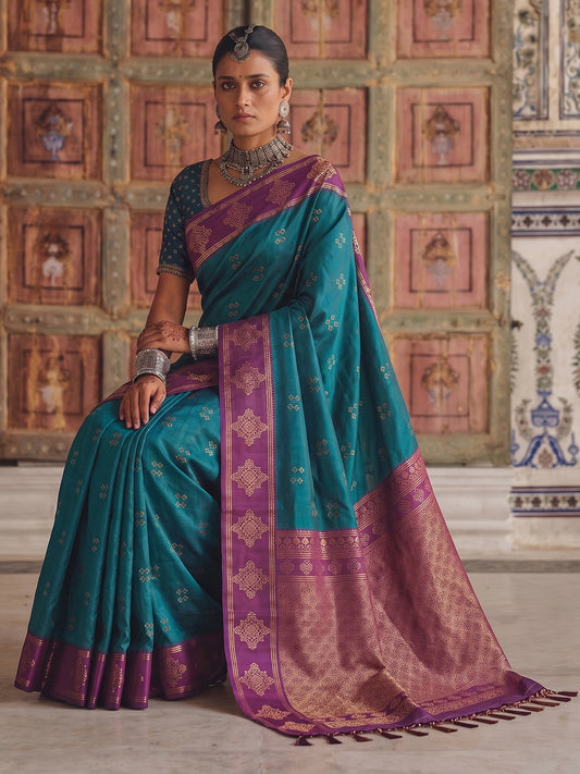 TEAL GREEN & VIOLET Soft Silk Banarasi Saree | EZB SI04 SUMER2002