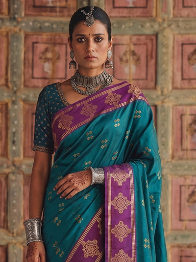 Teal Soft Silk Brocade Pallu Saree | EZB SI04 SUMER2002