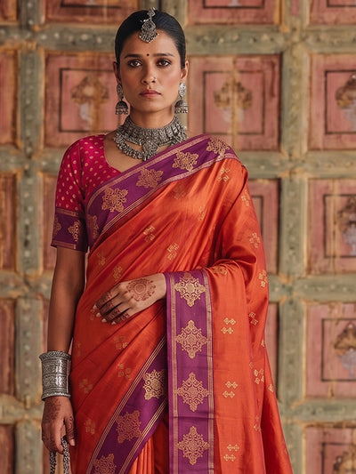 Orange Soft Silk Brocade Pallu Saree | EZB SI04 SUMER2003