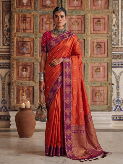 ORANGE & MAROON Soft Silk Banarasi Saree | EZB SI04 SUMER2003