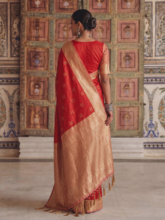 RED & PEACH Soft Silk Banarasi Saree | EZB SI04 SUMER2005
