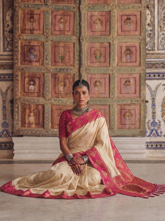 CREAM & PINK Soft Silk Banarasi Saree | EZB SI04 SUMER2006