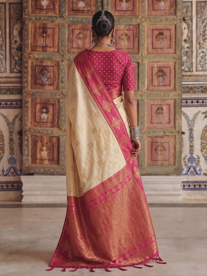 CREAM & PINK Soft Silk Banarasi Saree | EZB SI04 SUMER2006