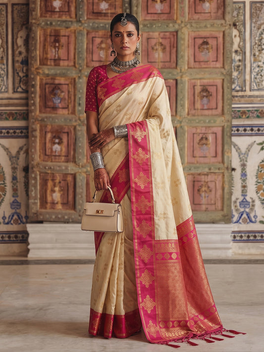 CREAM & PINK Soft Silk Banarasi Saree | EZB SI04 SUMER2006
