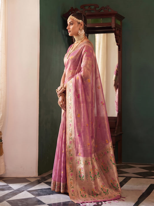 Pink Tissue Silk Golden Brocade Saree | EZB SI04 SUMSW1001