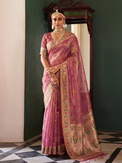 Pink Paithani Tissue Silk Golden Brocade Saree | EZB SI04 SUMSW1001