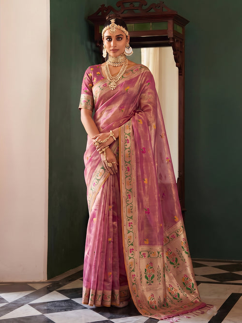 Pink Paithani Tissue Silk Golden Brocade Saree | EZB SI04 SUMSW1001