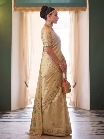 Beige Paithani Tissue Silk Golden Brocade Saree | EZB SI04 SUMSW1002