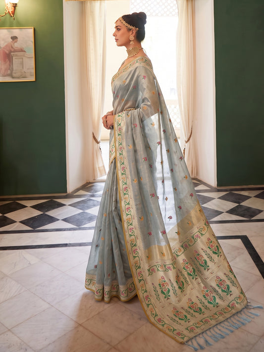 Grey Tissue Silk Golden Brocade Saree | EZB SI04 SUMSW1005