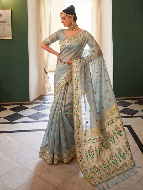 Grey Paithani Tissue Silk Golden Brocade Saree | EZB SI04 SUMSW1005