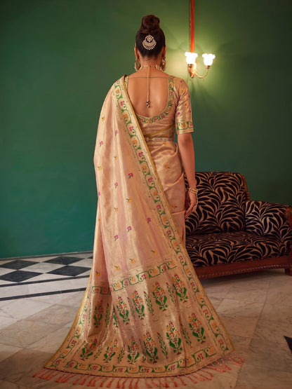 Peach Paithani Tissue Silk Golden Brocade Saree | EZB SI04 SUMSW1006