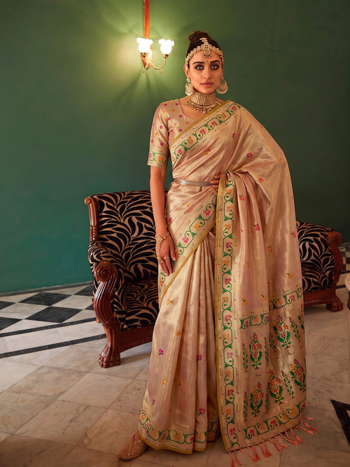 Peach Paithani Tissue Silk Golden Brocade Saree | EZB SI04 SUMSW1006