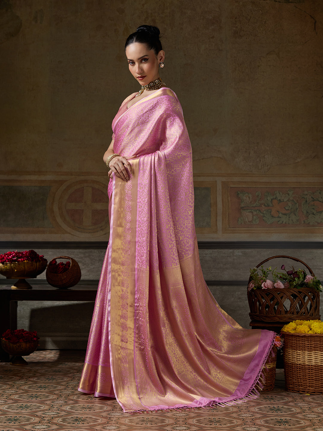 LIGHT PINK & LIGHT PINK Kanchivaram Silk Kanjeevaram Saree | EZB SI04 SUMUS1001