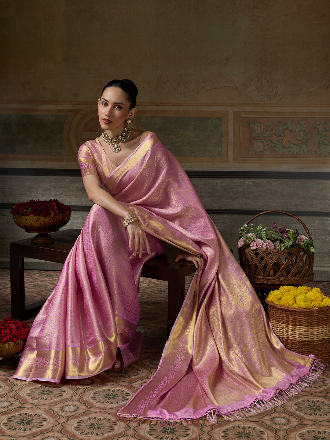 LIGHT PINK & LIGHT PINK Kanchivaram Silk Kanjeevaram Saree | EZB SI04 SUMUS1001
