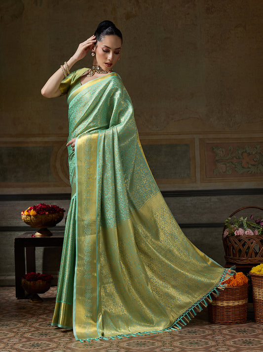 PESTAL GREEN & PESTAL GREEN Kanchivaram Silk Kanjeevaram Saree | EZB SI04 SUMUS1002