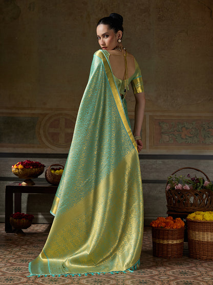 PESTAL GREEN & PESTAL GREEN Kanchivaram Silk Kanjeevaram Saree | EZB SI04 SUMUS1002