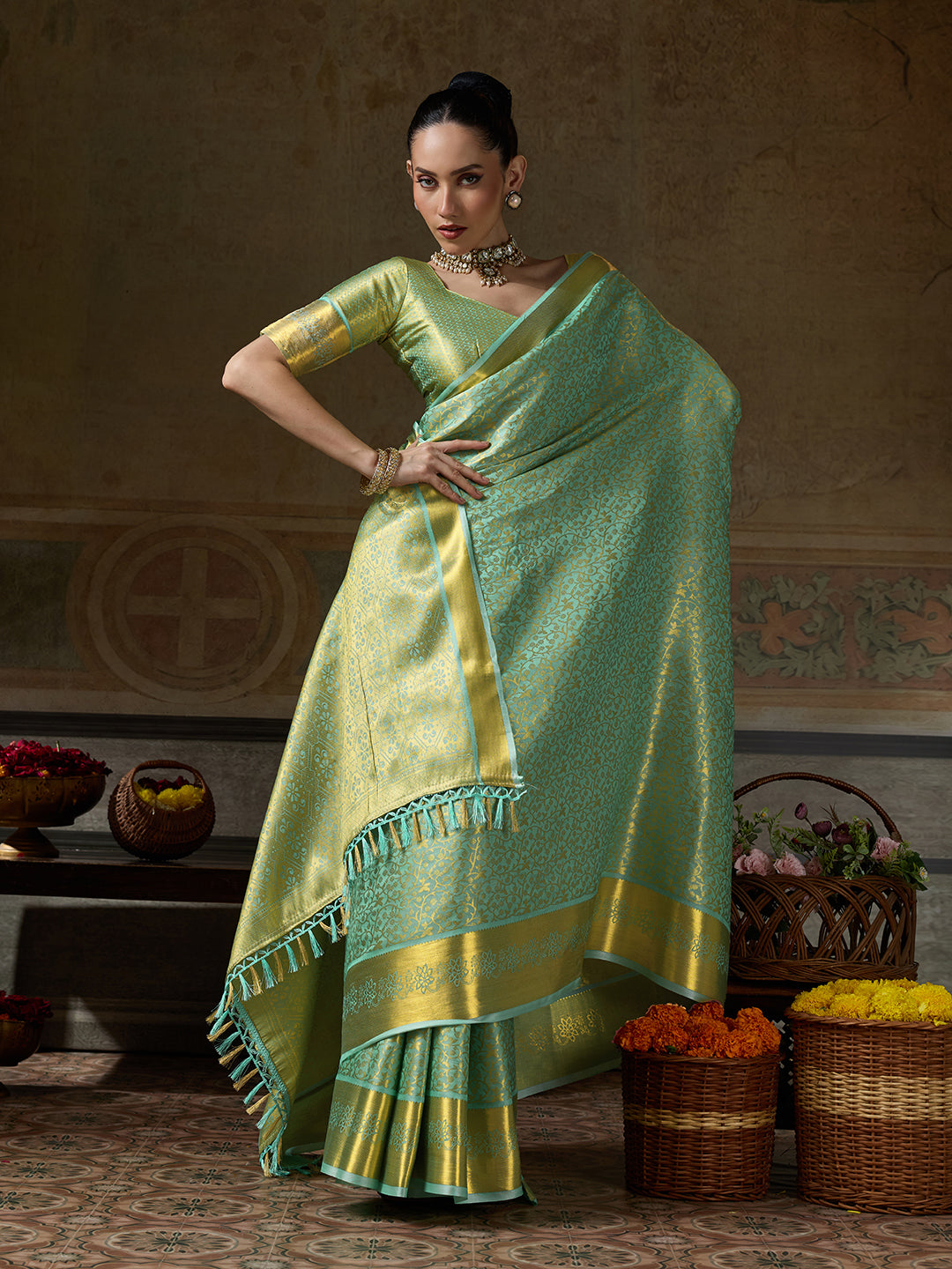 PESTAL GREEN & PESTAL GREEN Kanchivaram Silk Kanjeevaram Saree | EZB SI04 SUMUS1002