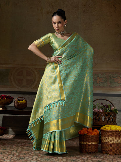 PESTAL GREEN & PESTAL GREEN Kanchivaram Silk Kanjeevaram Saree | EZB SI04 SUMUS1002