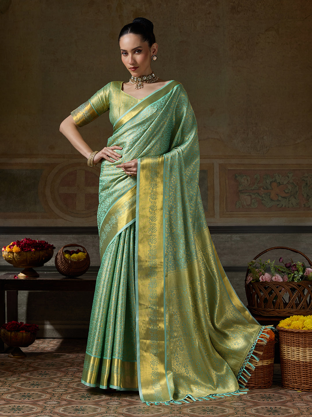 PESTAL GREEN & PESTAL GREEN Kanchivaram Silk Kanjeevaram Saree | EZB SI04 SUMUS1002