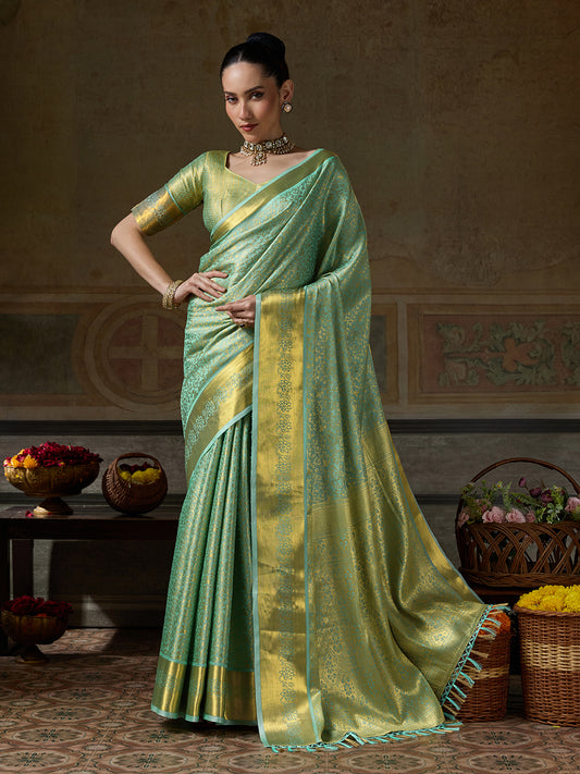 PESTAL GREEN & PESTAL GREEN Kanchivaram Silk Kanjeevaram Saree | EZB SI04 SUMUS1002