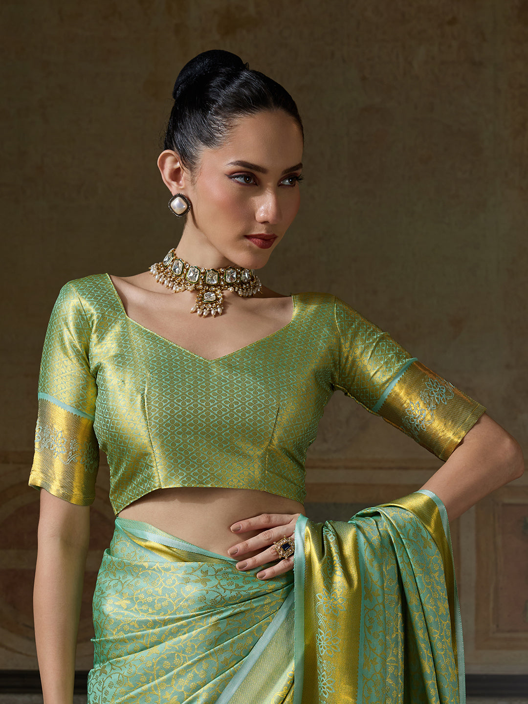 PESTAL GREEN & PESTAL GREEN Kanchivaram Silk Kanjeevaram Saree | EZB SI04 SUMUS1002
