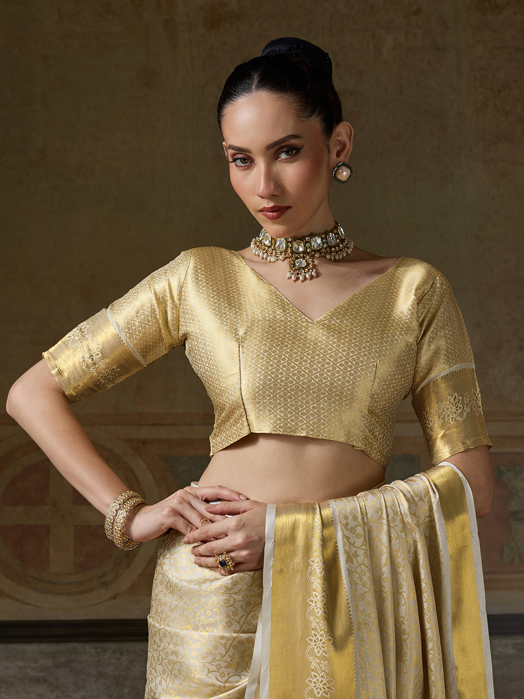 BEIGE & BEIGE Kanchivaram Silk Kanjeevaram Saree | EZB SI04 SUMUS1003