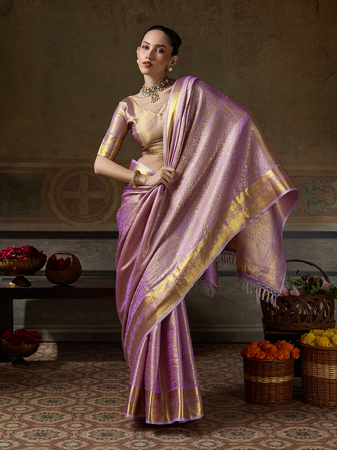 LAVENDER & LAVENDER Kanchivaram Silk Kanjeevaram Saree | EZB SI04 SUMUS1004