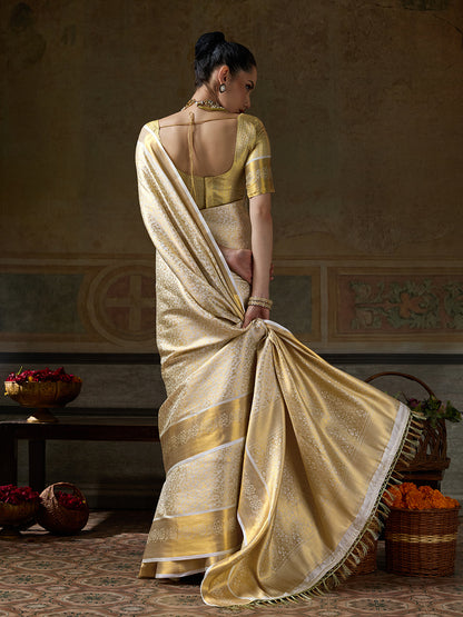 CREAM & CREAM Kanchivaram Silk Kanjeevaram Saree | EZB SI04 SUMUS1005