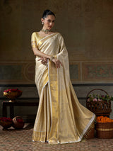 CREAM & CREAM Kanchivaram Silk Kanjeevaram Saree | EZB SI04 SUMUS1005