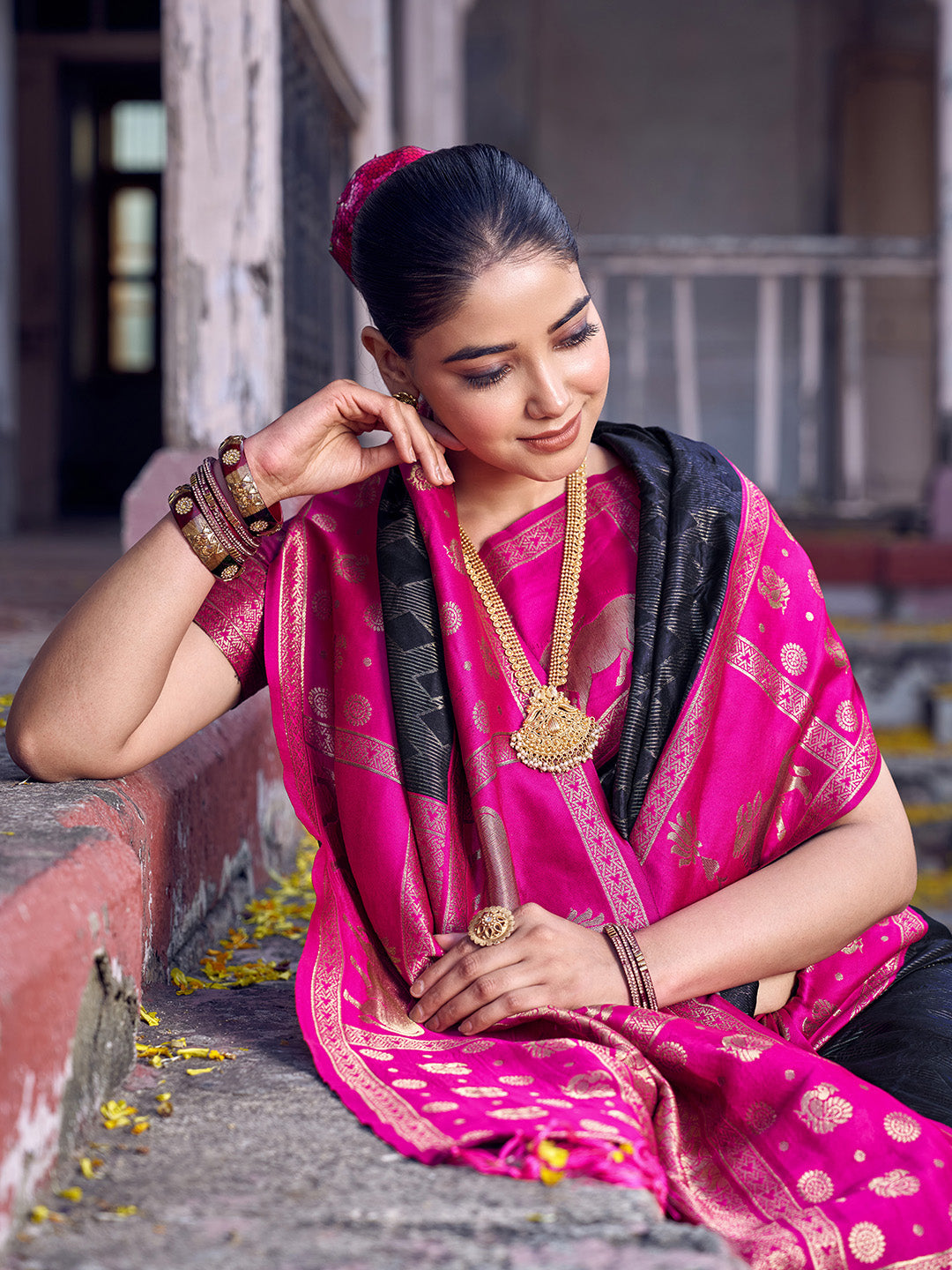 Soft Silk Black Brocade Saree With Blouse Piece