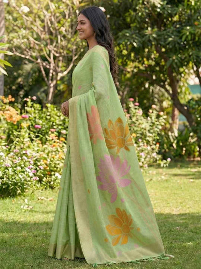 Green Linen Cotton Brocade Saree | EZB SI04 SUPAN1001