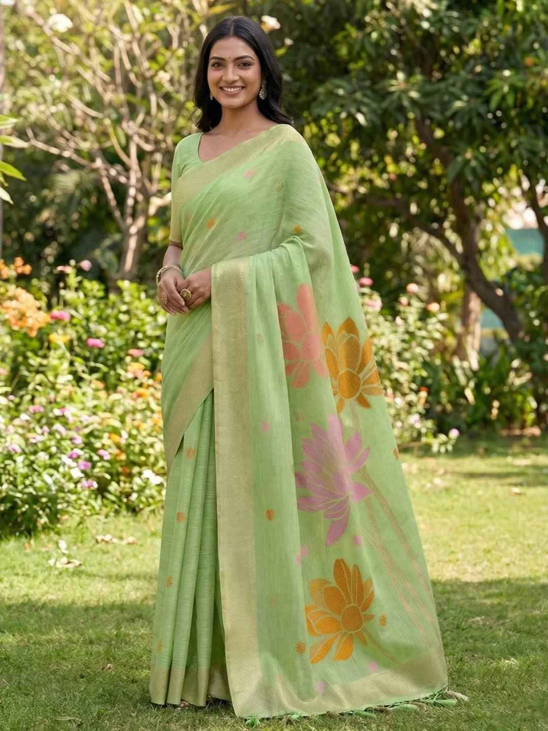Green Linen Cotton Brocade Saree | EZB SI04 SUPAN1001