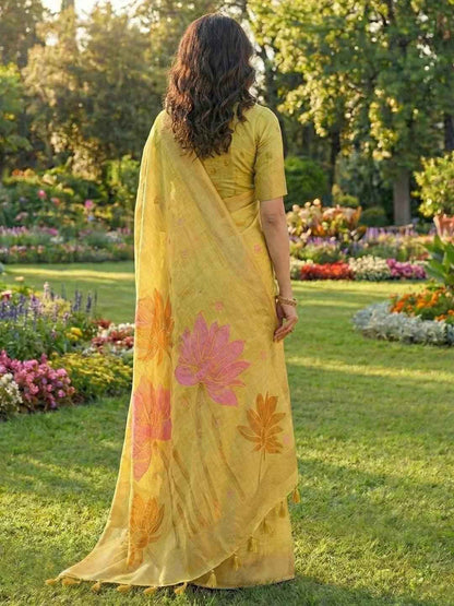 Yellow Linen Cotton Brocade Saree | EZB SI04 SUPAN1002