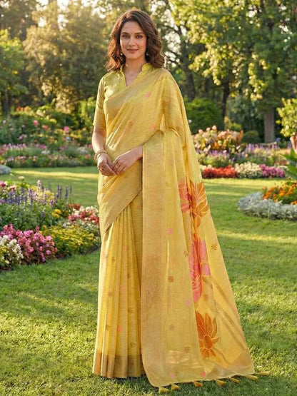 Yellow Linen Cotton Brocade Saree | EZB SI04 SUPAN1002