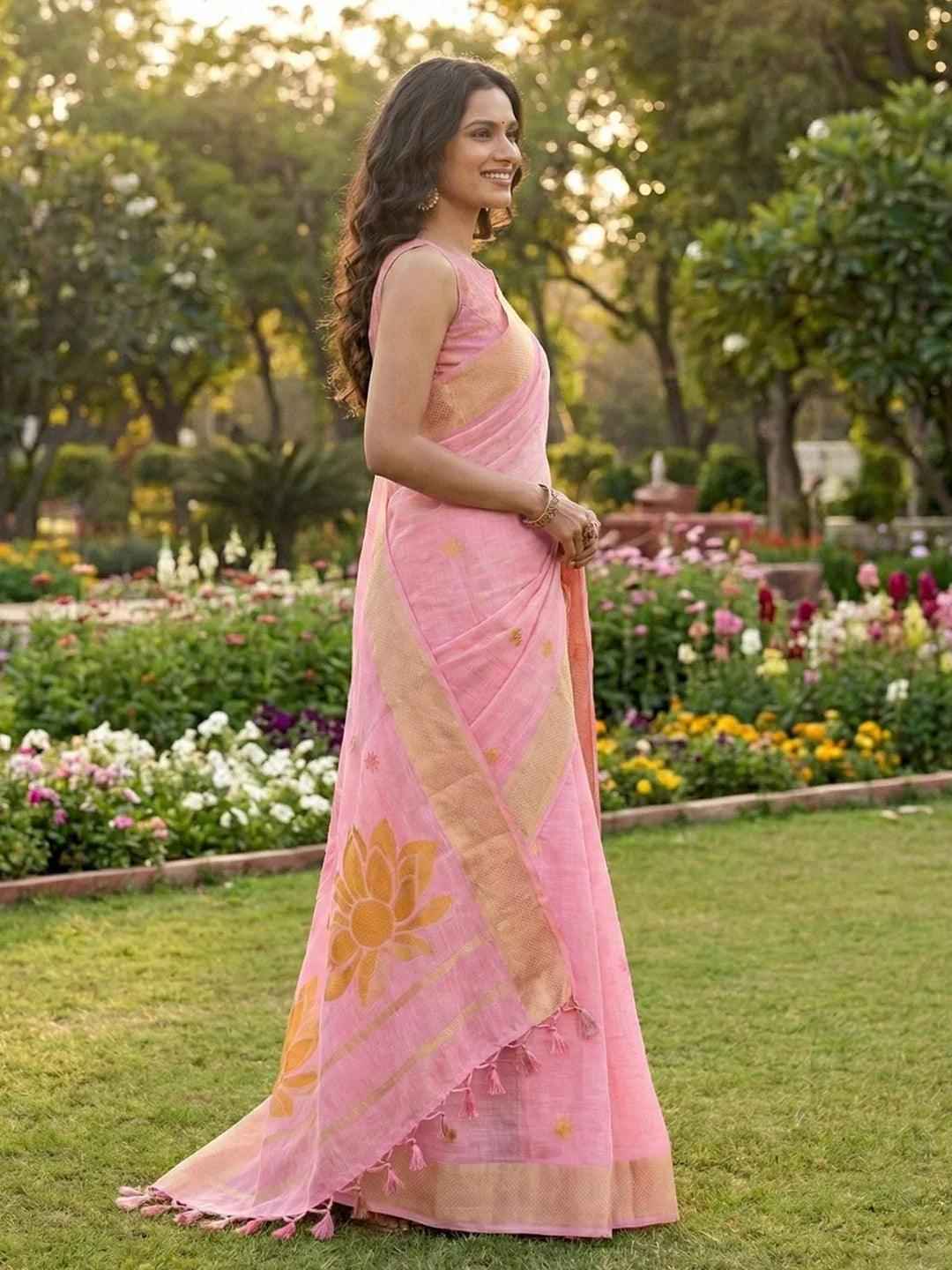 Pink Linen Cotton Brocade Saree | EZB SI04 SUPAN1003