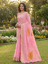 Pink Linen Cotton Brocade Saree | EZB SI04 SUPAN1003