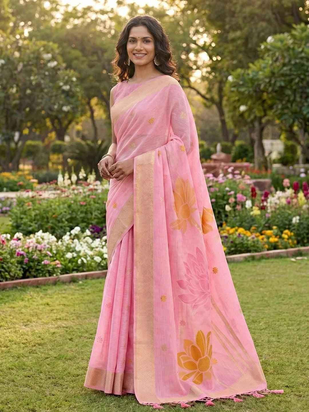 Pink Linen Cotton Brocade Saree | EZB SI04 SUPAN1003
