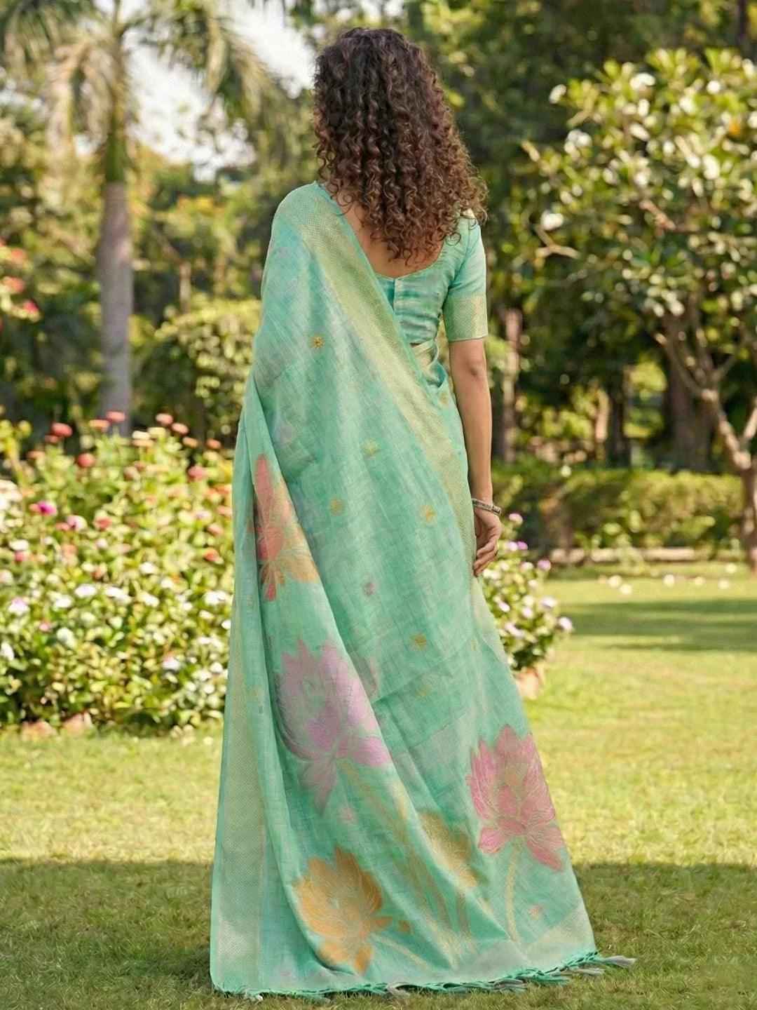 Sea Green Linen Cotton Brocade Saree | EZB SI04 SUPAN1004