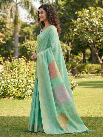 Sea Green Linen Cotton Brocade Saree | EZB SI04 SUPAN1004