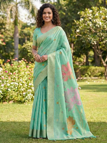 Sea Green Linen Cotton Brocade Saree | EZB SI04 SUPAN1004