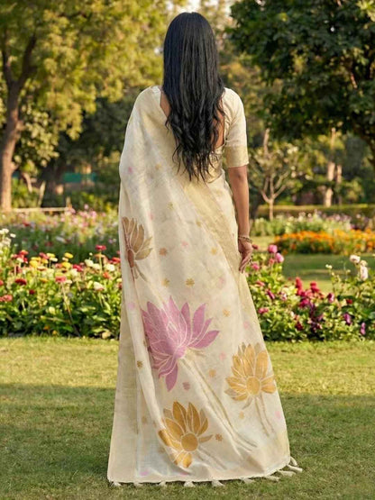 White Linen Cotton Brocade Saree | EZB SI04 SUPAN1005