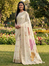 White Linen Cotton Brocade Saree | EZB SI04 SUPAN1005