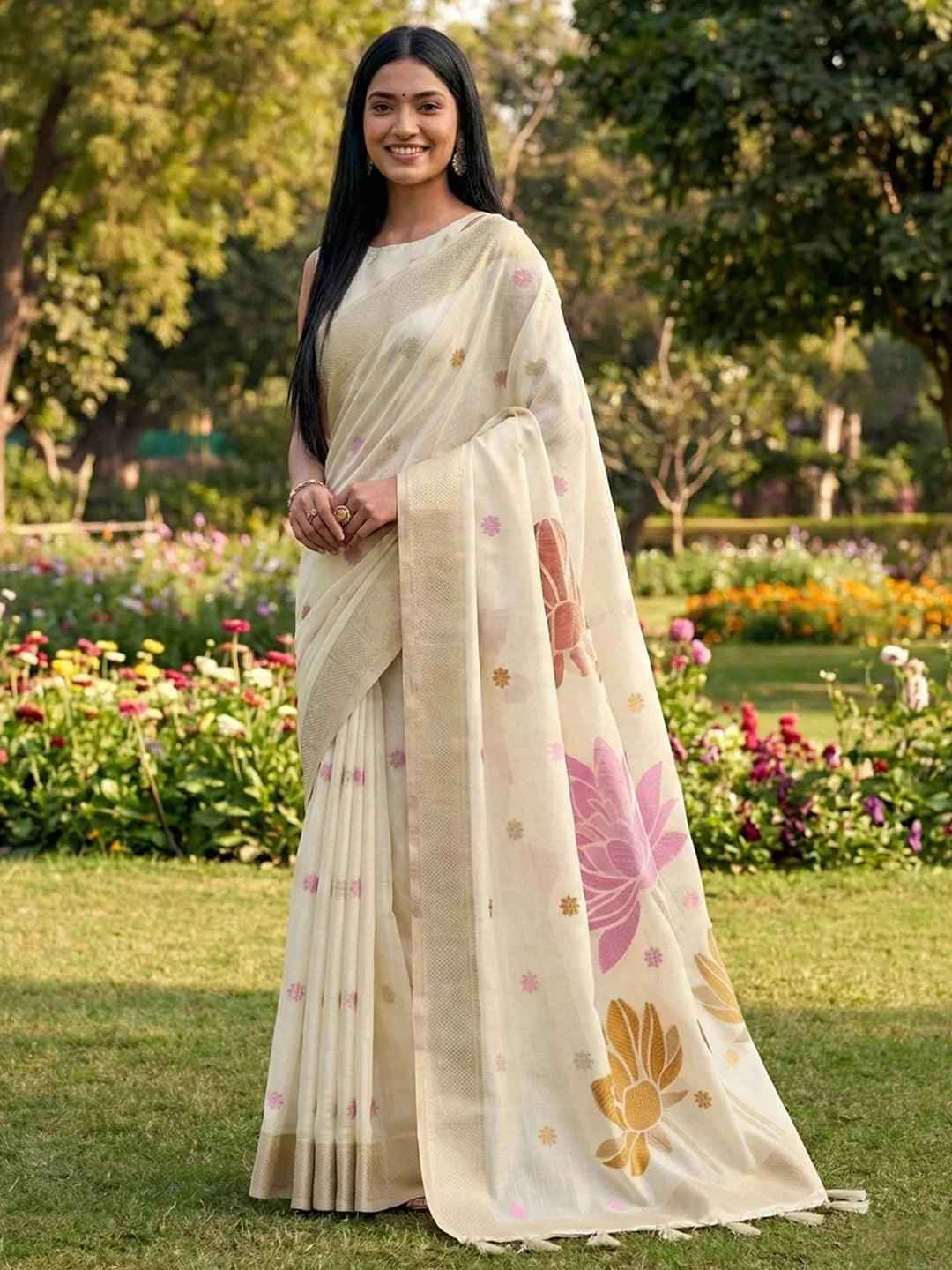 White Linen Cotton Brocade Saree | EZB SI04 SUPAN1005